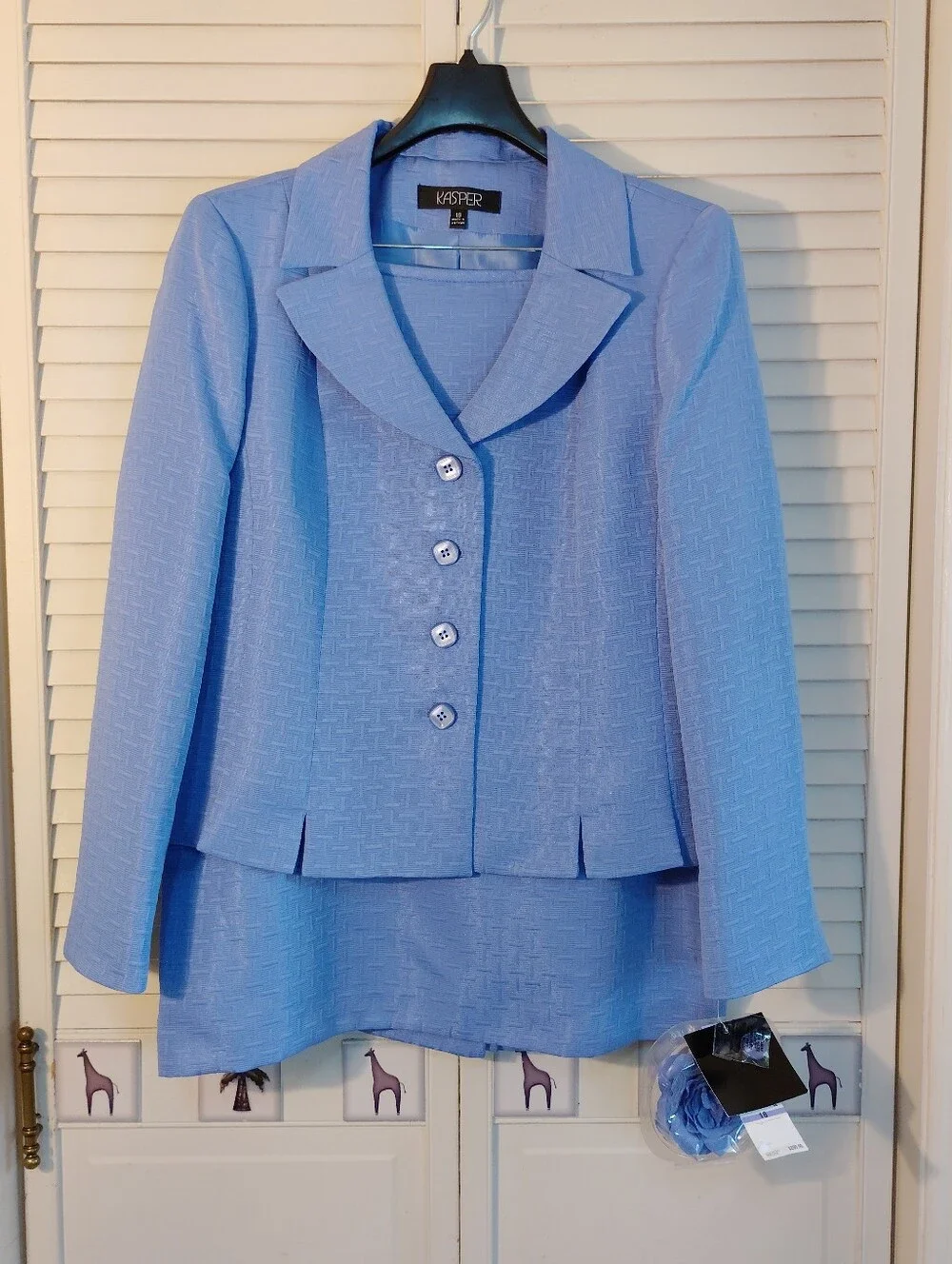 Kasper Light Blue Textured Skirt Set Jacket